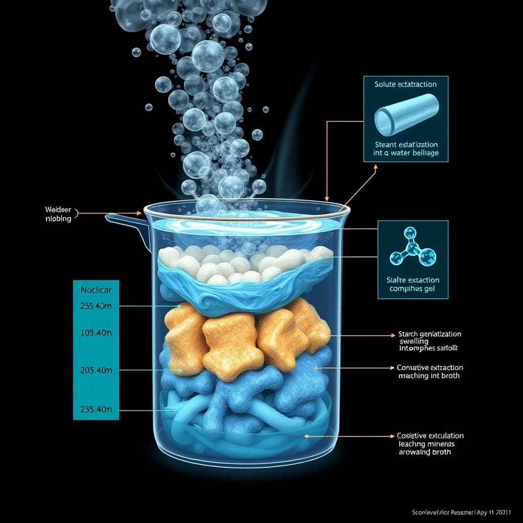 Scientific diagram of boiling, the turbulent dissolution: nucleate vapor columns and rolling convective turbulence hammering a submerged substrate, with starch gelatinization swelling granules into amorphous gels and indiscriminate solute extraction leaching into the broth, annotated in glowing aqueous blue and teal alchemical symbols on an obsidian field.