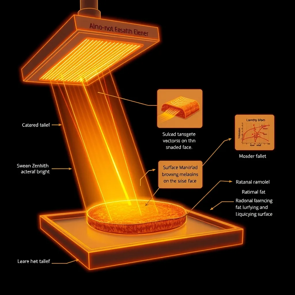 Scientific diagram of broiling, the inverted sun: an incandescent overhead element raining unidirectional infrared flux down onto an exposed zenith plane, with the surface Maillard cascade and radiant fat rendering rendered as glowing solar orange and gold alchemical symbols on an obsidian field.