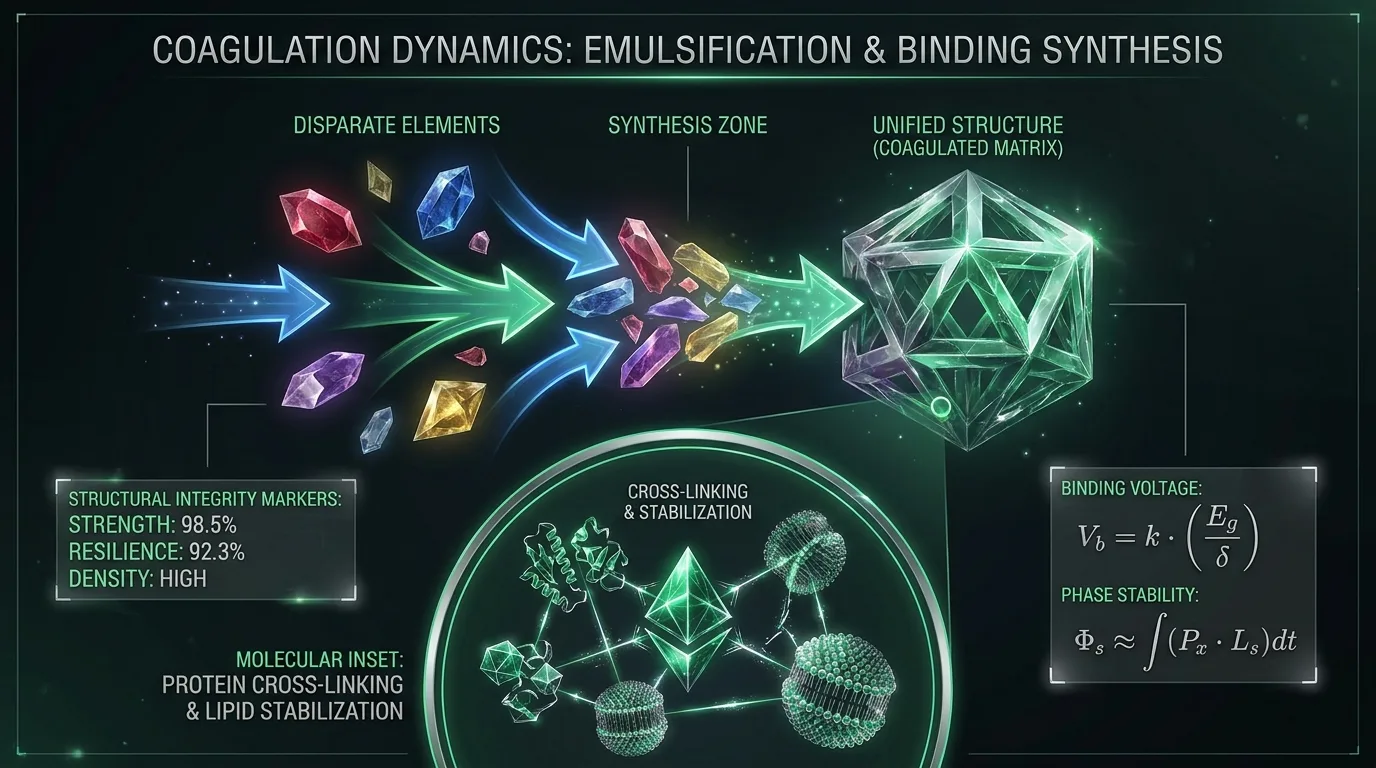 Scientific diagram of emulsification as matrix binding: disparate elements synthesized into a unified structure, with protein cross-linking and lipid stabilization rendered as glowing emerald and silver alchemical symbols on an obsidian field.