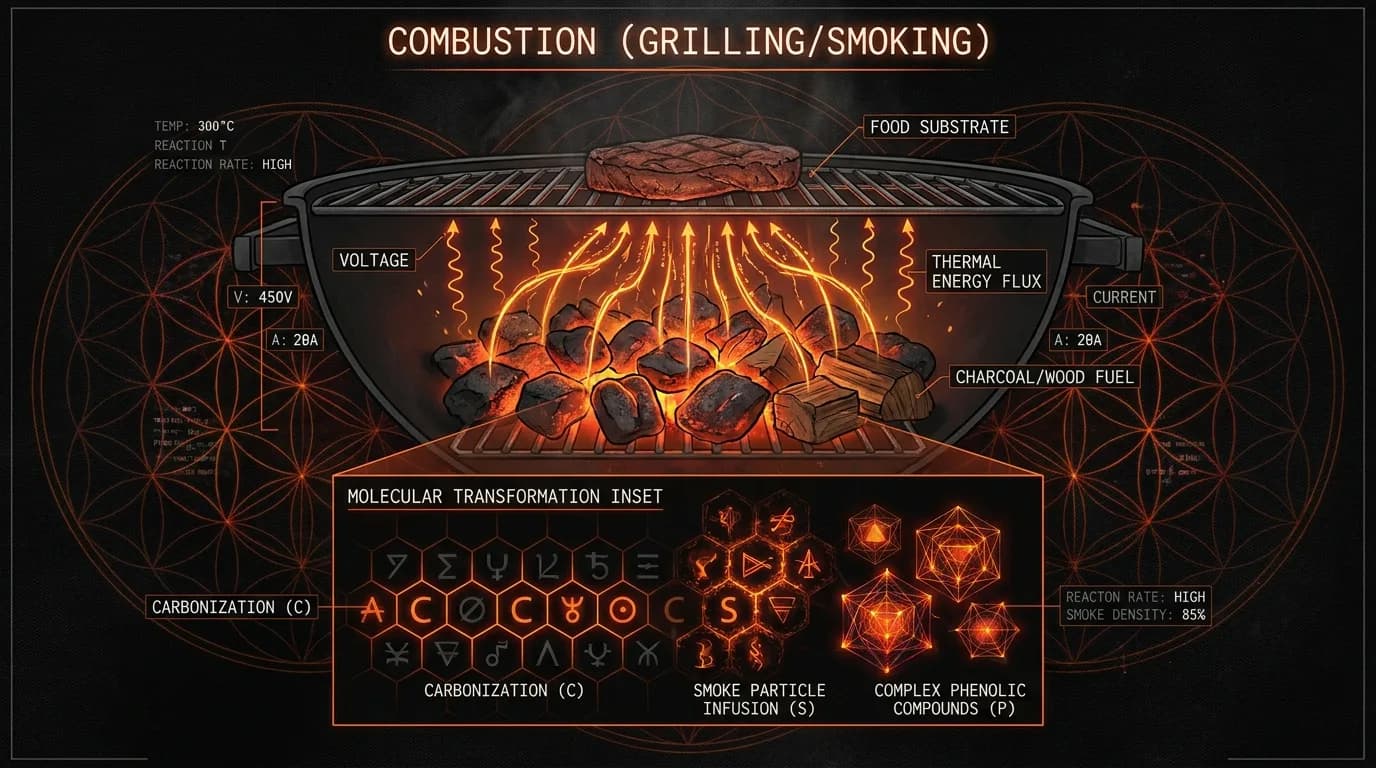 A high-fidelity scientific diagram of Combustion (Grilling/Smoking). Showing intense thermal energy transfer from charcoal/wood to food. Molecular level inset showing carbonization, smoke particle infusion, and complex phenolic compounds forming as glowing volcanic orange and deep charcoal alchemical symbols.