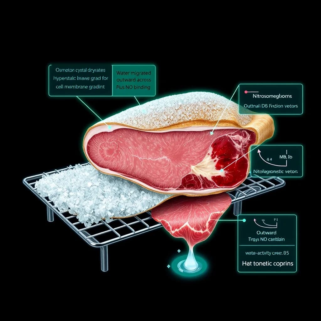 Scientific diagram of curing as saline mummification: a hypertonic salt field driving osmotic dehydration outward across cellular membranes while nitrosomyoglobin fixation locks pigment into preserved flesh, rendered as glowing emerald green and silver alchemical symbols on an obsidian field.
