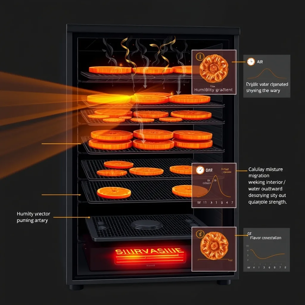 Scientific diagram of dehydrating, the Solar Reduction: a sustained warm air current escorting water vapor off a dense matrix while capillary moisture migration wicks interior water outward and flavor concentration densifies sugars and glutamates at quadruple strength, rendered in glowing solar orange and gold alchemical symbols on an obsidian field.