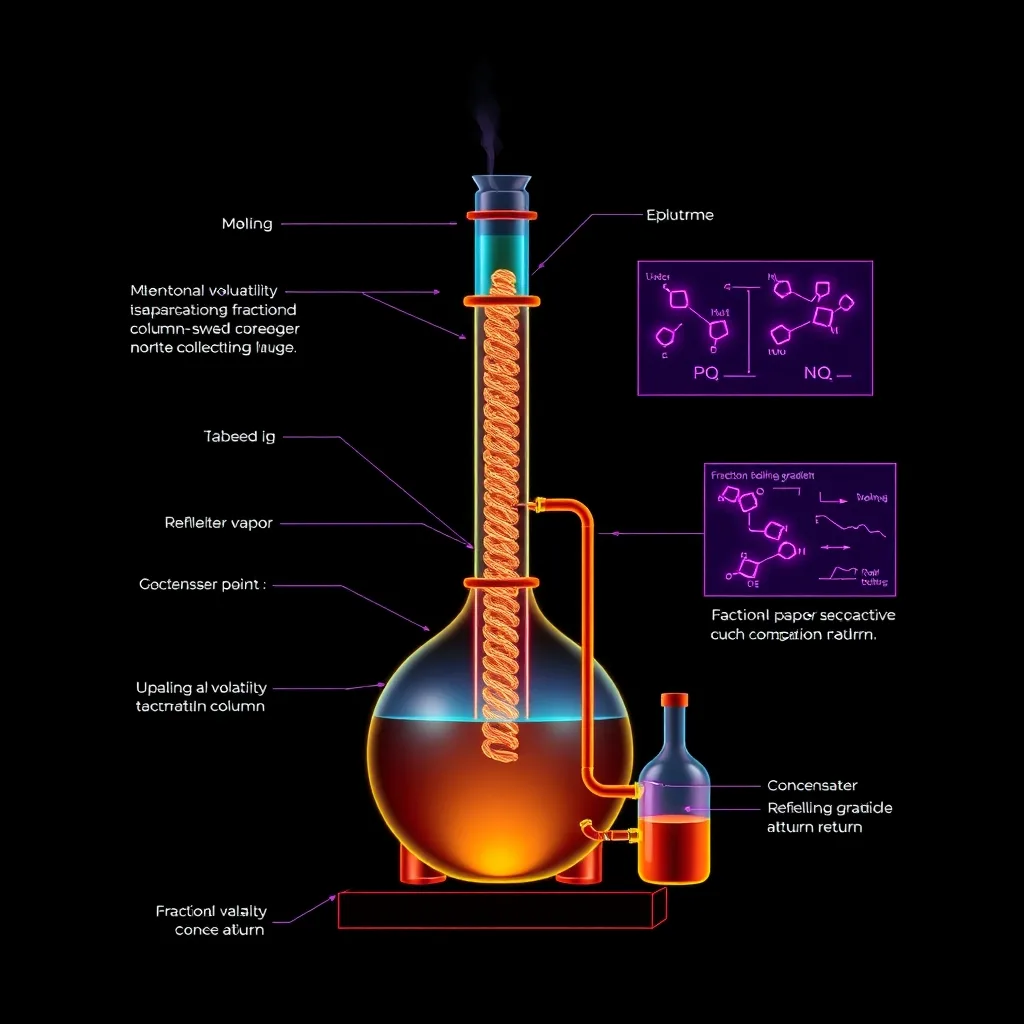 Scientific diagram of distilling as spirit extraction: matter boiled until its volatile spirit rises through a refluxing vapor column and condenses apart from its body, with fractional volatility separation and congener concentration of esters rendered as glowing deep violet and indigo alchemical symbols on an obsidian field.