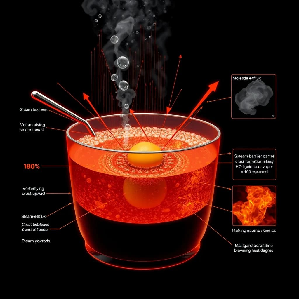 Scientific diagram of frying as the Lipid Crucible: a dense matrix totally submerged in superheated oil with isotropic convective heat vectors and a violent steam-efflux barrier, the molecular inset annotating steam-barrier crust vitrification and Maillard-acrylamide browning kinetics in glowing volcanic orange and deep charcoal alchemical symbols on an obsidian field.