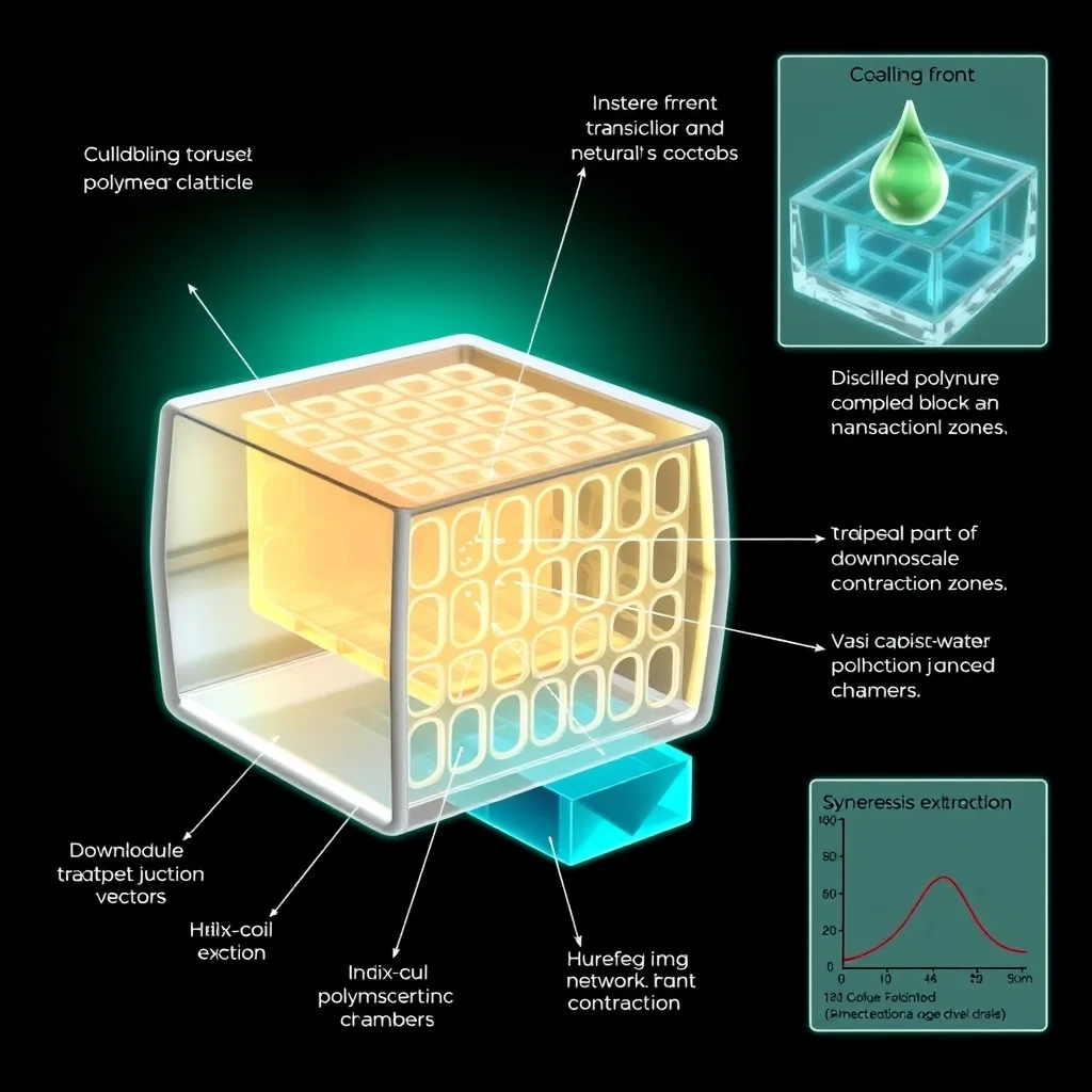 Scientific diagram of gelification as crystalline architecture: dissolved polymer chains cooling into a three-dimensional scaffold that holds an ocean of water motionless, with junction-zone double helices and hydrogen-bonded captive water rendered as glowing emerald green and silver alchemical symbols on an obsidian field.
