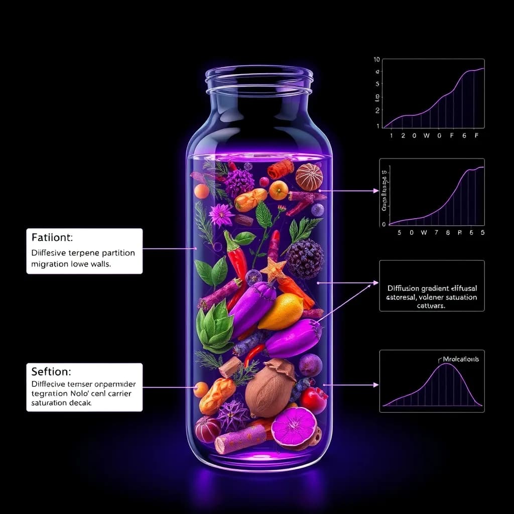 Scientific diagram of infusing as the essence transfer: volatile aromatic essences partitioning out of ruptured cellular matter and migrating down their gradients into a carrier medium, with terpene partition migration and the decaying carrier saturation curve rendered as glowing deep violet and indigo alchemical symbols on an obsidian field.