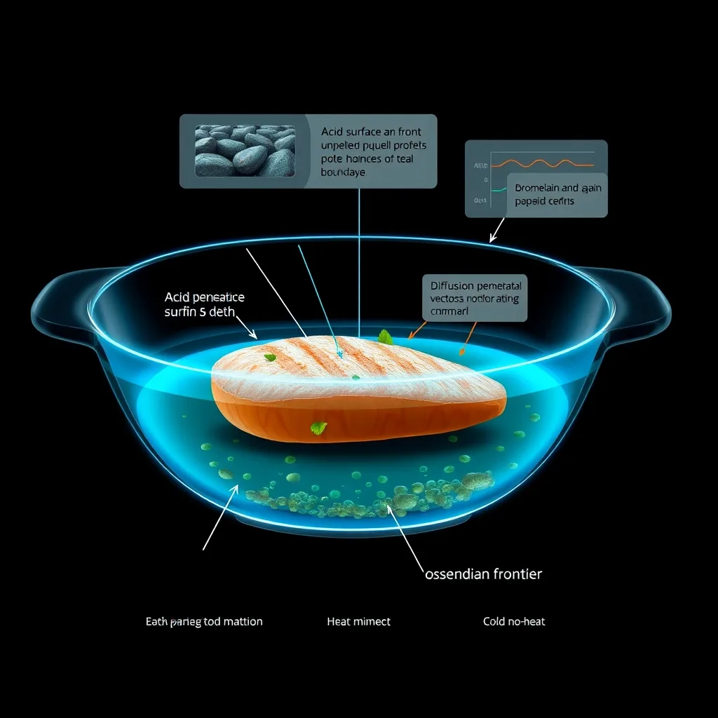 Scientific diagram of marinating as acid-enzyme baptism: a cold chemical current of hydrogen ions and proteolytic enzymes besieging the outer millimeters of an organic matrix, with acid surface denaturation and bromelain peptide cleavage rendered as glowing aqueous blue and teal alchemical symbols on an obsidian field.