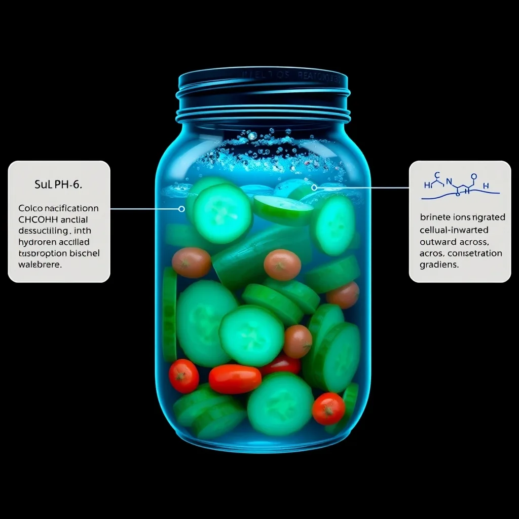 Scientific diagram of pickling as acidic stasis: an organic substrate sealed in a sub-pH-4.6 brine field, with acidification collapsing cellular enzymes and osmotic ion migration drawing water outward, rendered as glowing aqueous blue and teal alchemical symbols on an obsidian field.