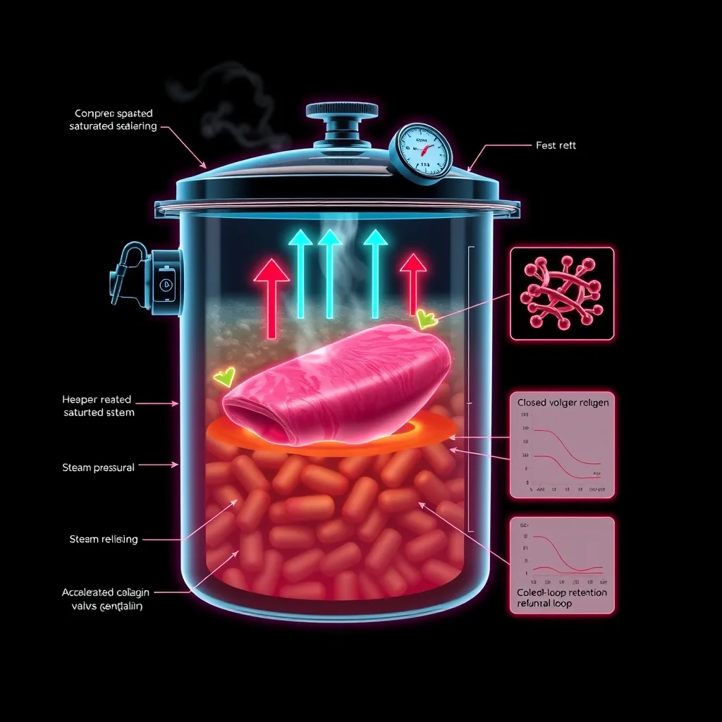 Scientific diagram of pressure cooking as sealed acceleration: a hermetic vessel abolishing the boiling ceiling with superheated saturated steam, showing accelerated collagen hydrolysis and closed-loop volatile reflux rendered as glowing electric magenta and cyan plasma alchemical symbols on an obsidian field.