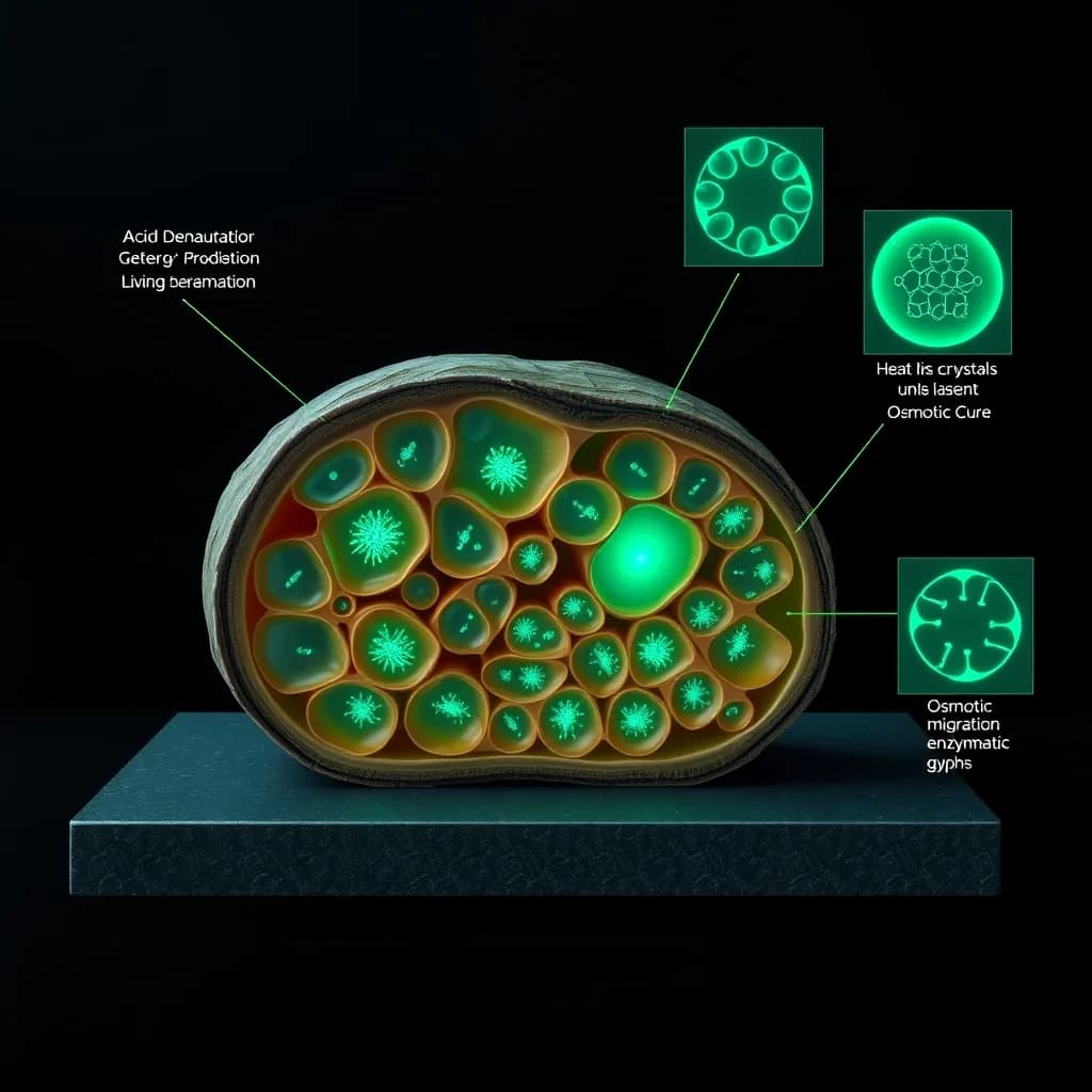 Scientific diagram of raw as the unfired prima materia: an ambient null transmutation below the enzyme-safe threshold, with acid-driven cold protein denaturation and osmotic moisture migration across intact cell walls rendered as glowing emerald green and silver alchemical symbols on an obsidian field.