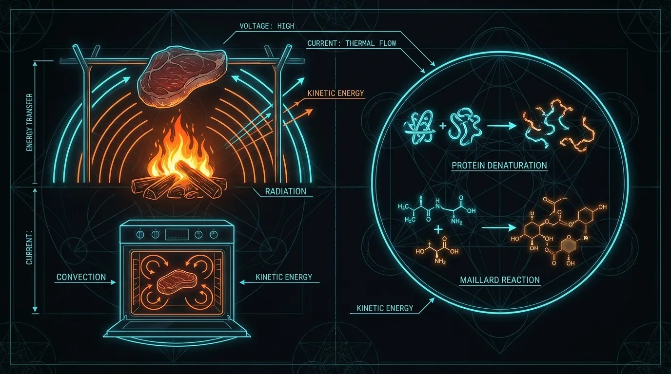 Scientific diagram of roasting: radiant and convective heat transfer vectors striking a dense organic matrix, with surface desiccation and Maillard browning zones annotated in glowing solar orange.