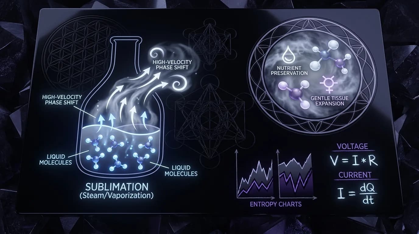 Scientific diagram of steam vaporization: vapor current trajectory and gentle tissue expansion rendered as glowing cyan alchemical symbols.